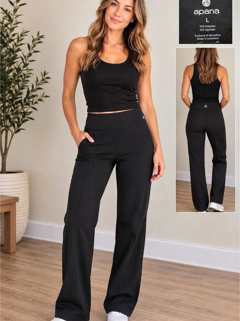 Apana High-Waist Flare Yoga Pants with Side Pockets Black Large